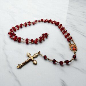 Vintage Beautiful Immaculate Heart of Mary Rosary - Ruby Red Glass & Gold Tone
